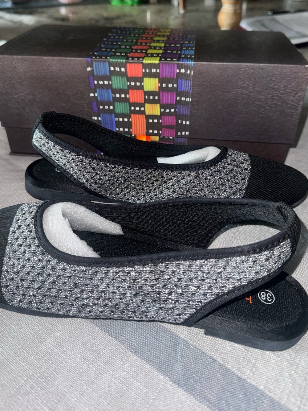 NIB Bernie Mev. Black & Gray Slingback Comfort Flats SZ 38 fits   W7-7.5
